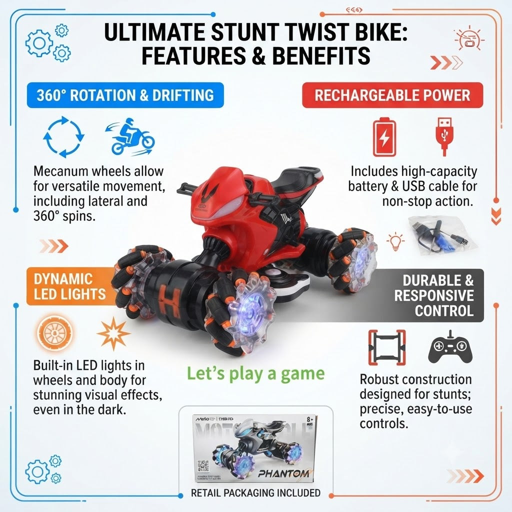 MotoGP Phantom RC Stunt Motorcycle with LED Lights