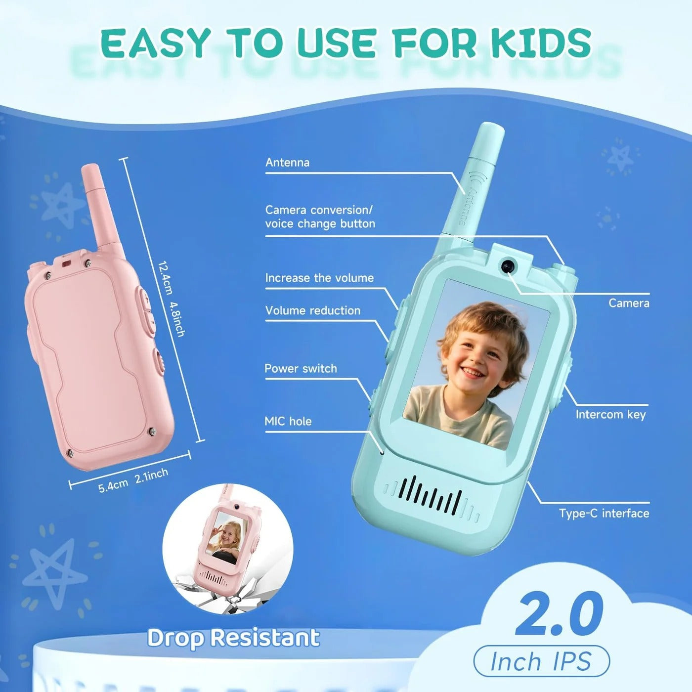 Kids video walkie talkie size, controls and 2 inch screen