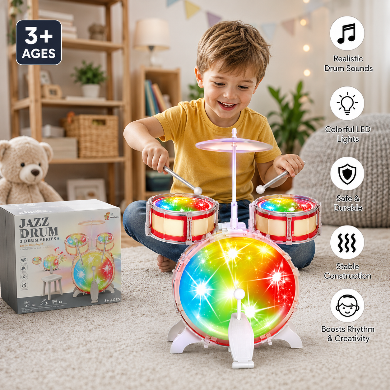 Jazz Drum 3-Piece Kids Drum Set with Lights & Sounds