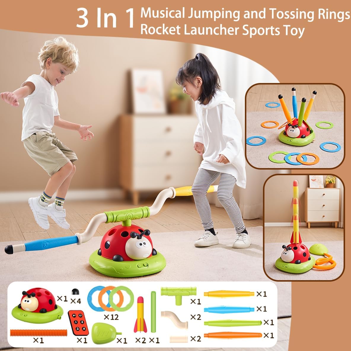 3 in 1 musical jumping ring toss and rocket launcher sports toy set