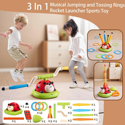 3 in 1 musical jumping ring toss and rocket launcher sports toy set
