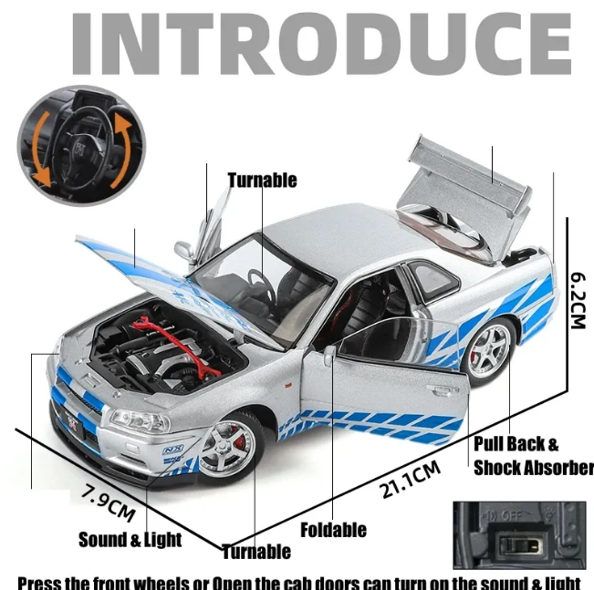 1:24 Diecast Nissan Skyline GT-R R34 Model Car - image 9