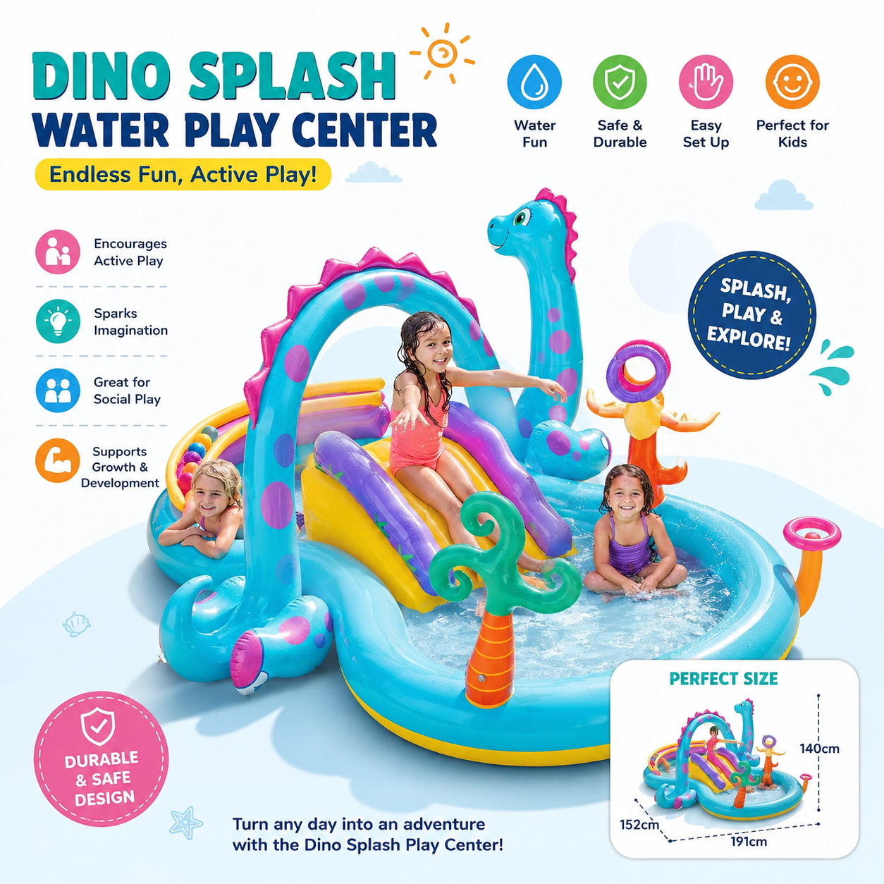 INTEX Dinosaur Inflatable Water Play Center with Slide & Sprayer - 333 cm × 229 cm × 112 cm