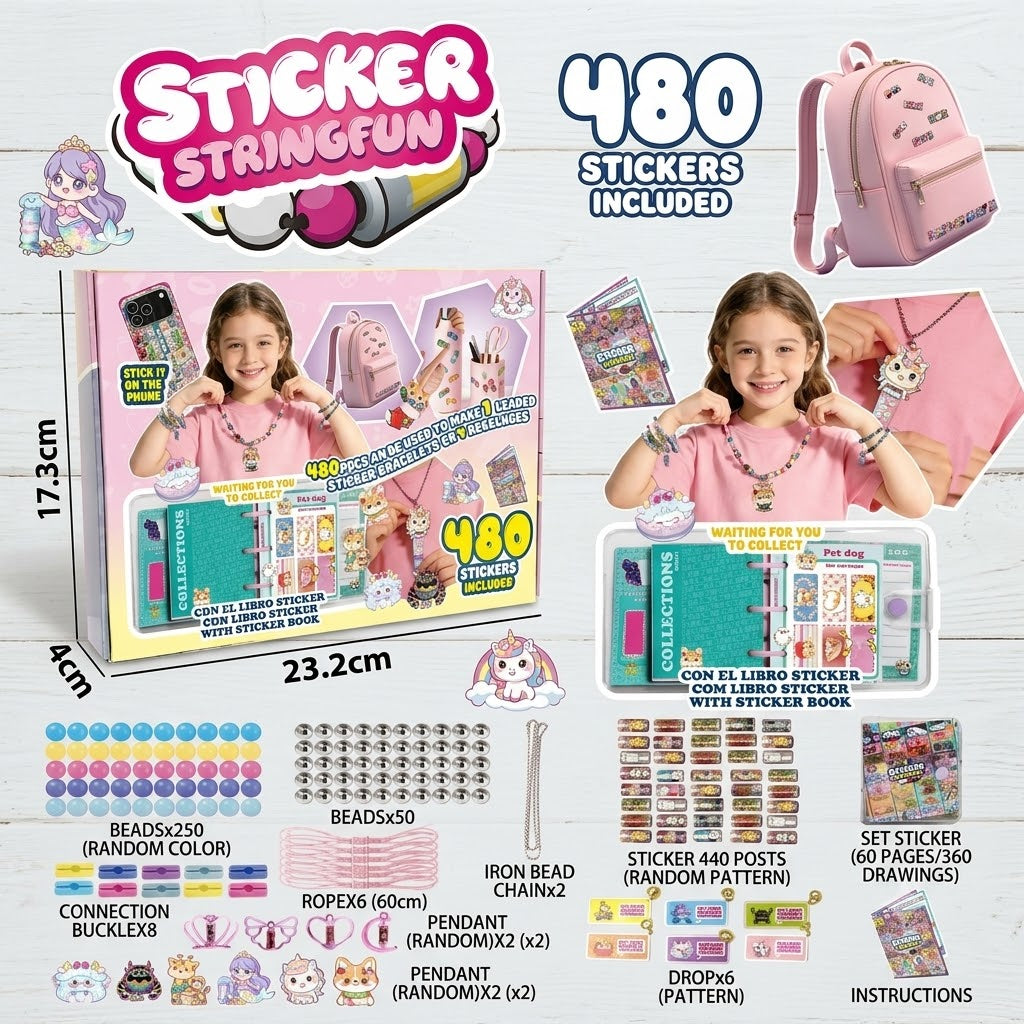800Pcs DIY Girls Beads Kit & Sticker String Fun