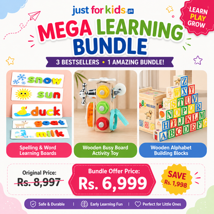 3 in 1 Wooden Learning Bundle – Spelling, Blocks & Activity Cube Set