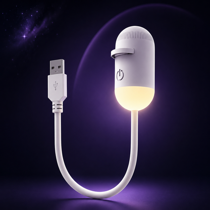 USB light bulb with glowing tip on a dark background