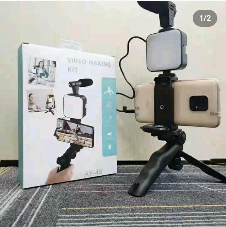 AY-49 video making kit with tripod, LED light, microphone and phone holder