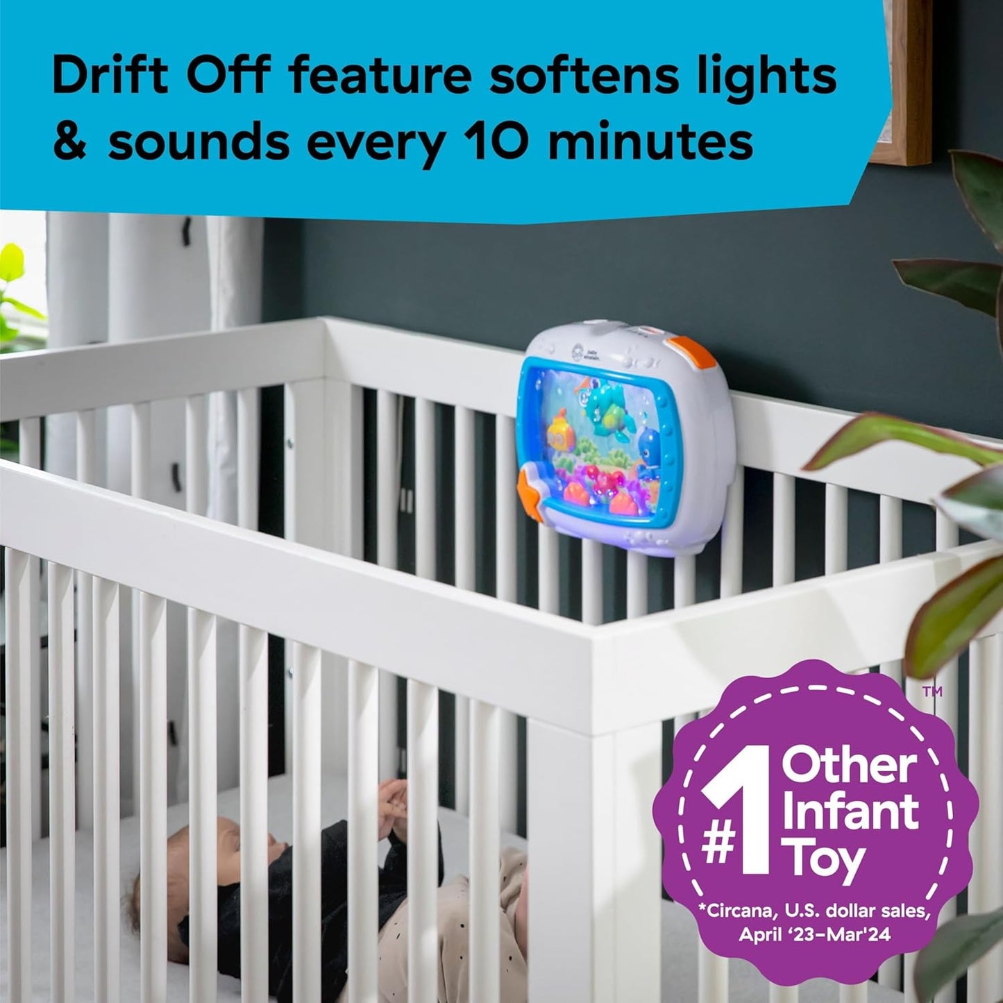 Baby Einstein Sea Dreams Soother attached to crib