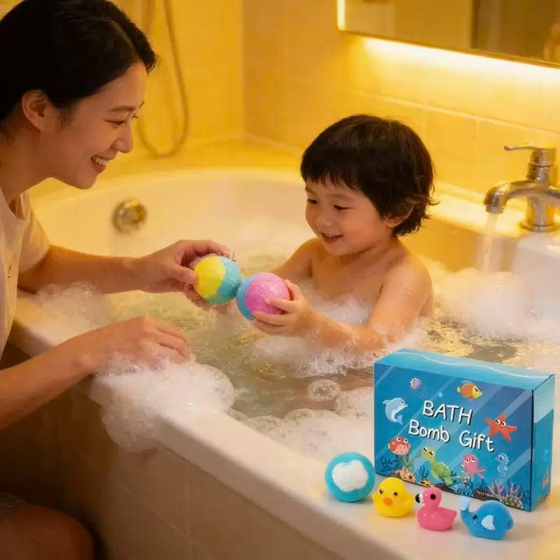 Kids enjoying colorful bath bombs with surprise toys