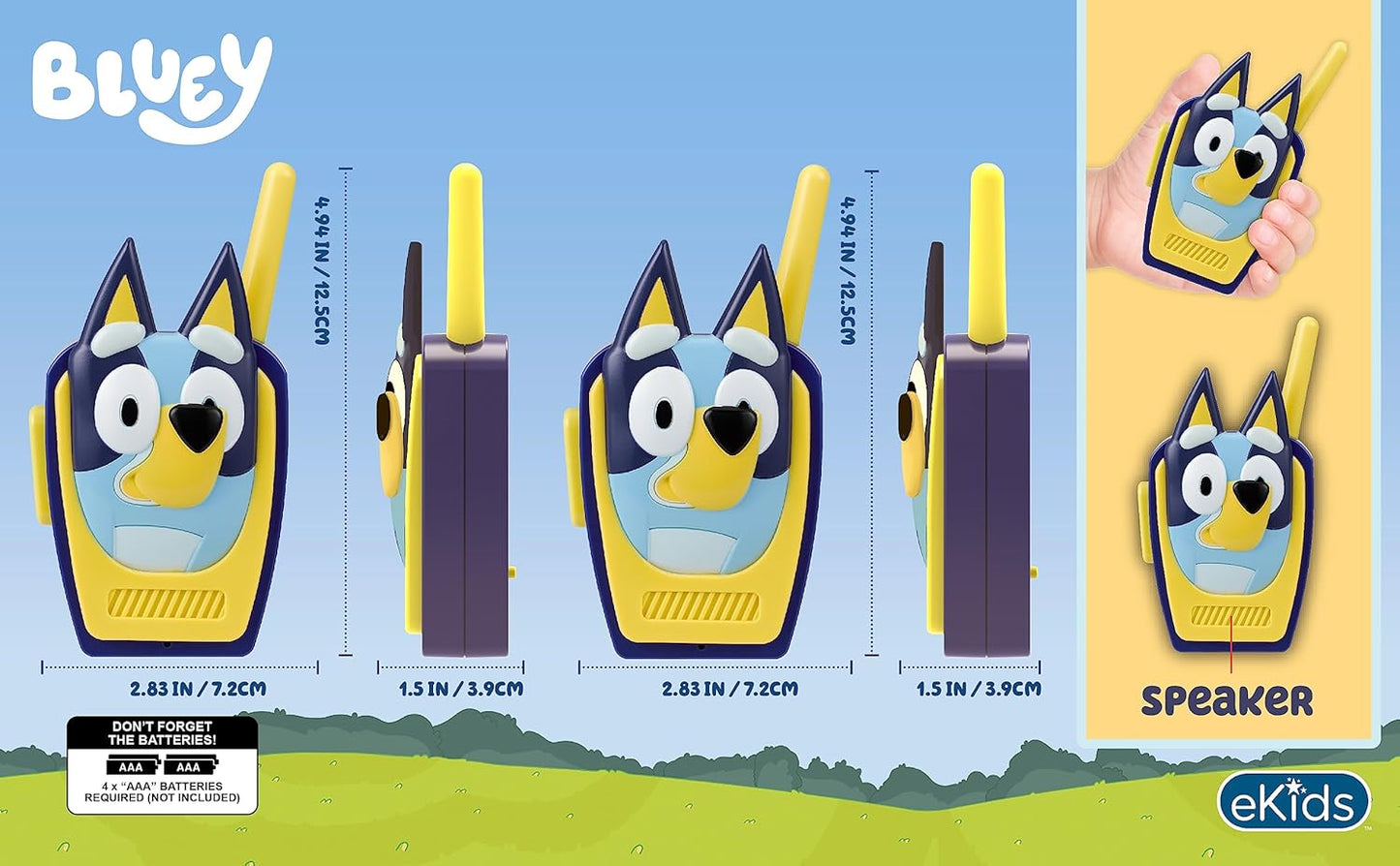 Bluey walkie talkies dimensions and speaker detail