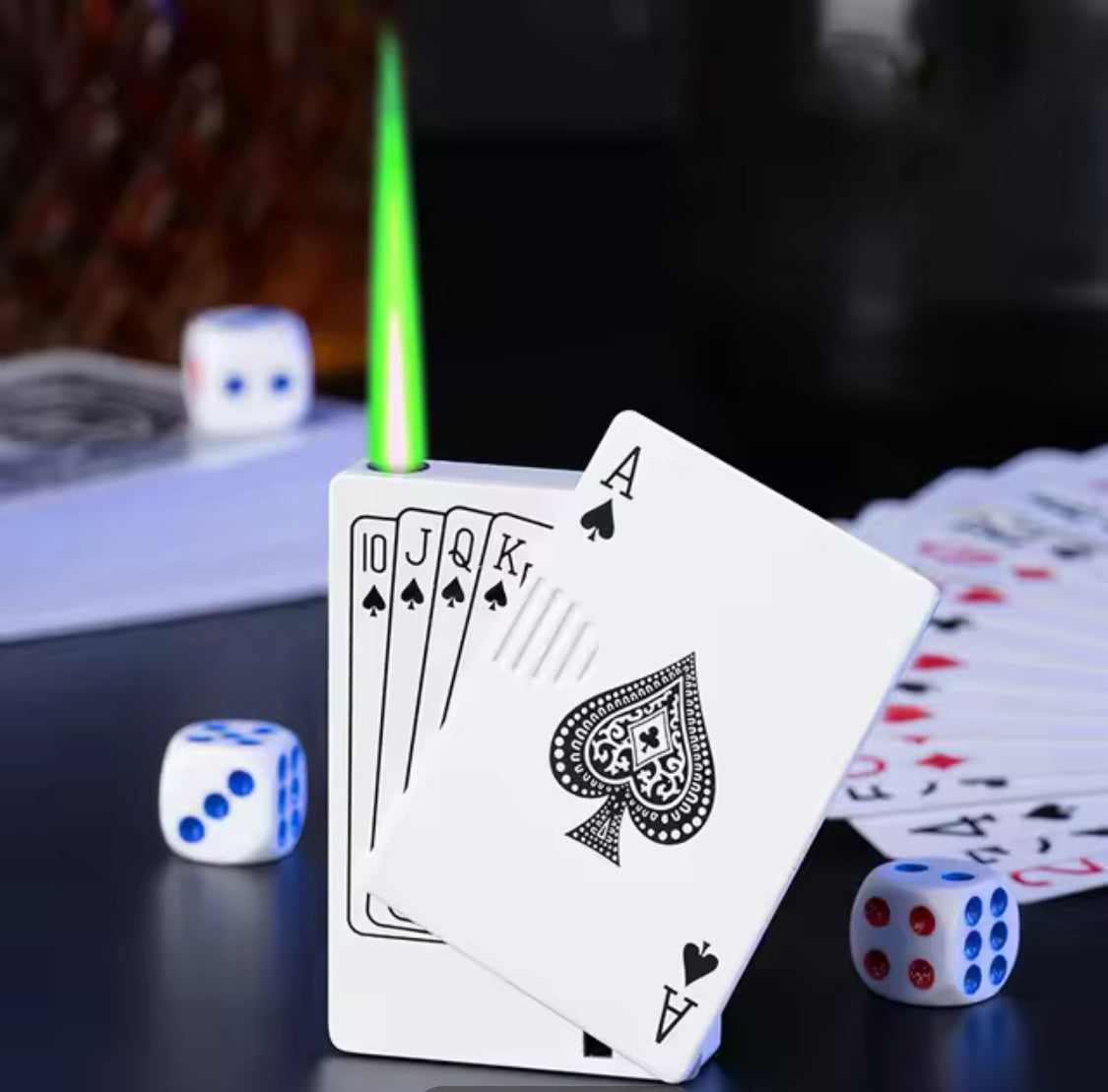 Poker card green flame lighter novelty spinner design