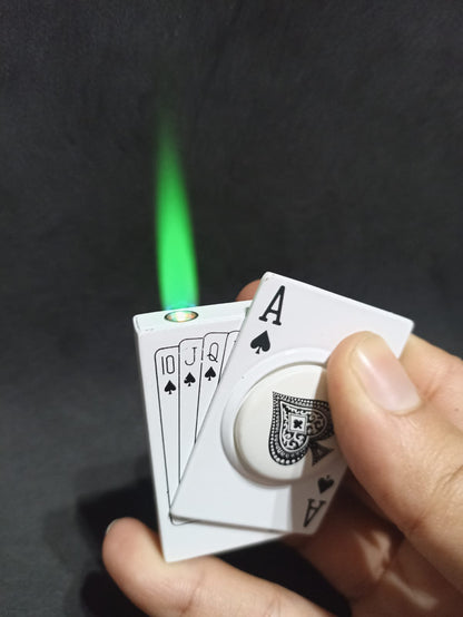 Playing card style green flame refillable lighter with spinner design