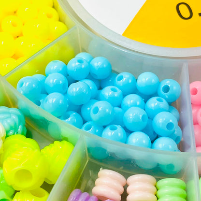 Beads organized in storage compartments
