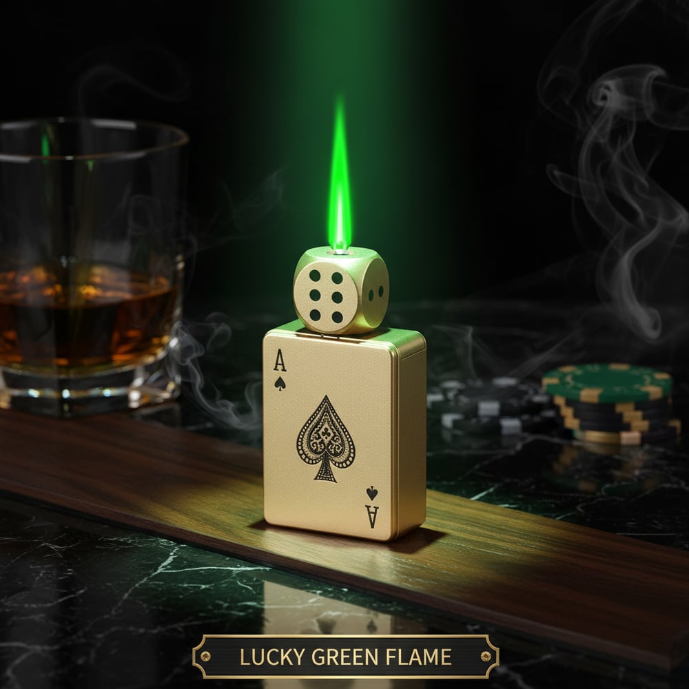 CardDice Spinner Green Flame Lighter – Refillable Poker Card Fidget Lighter
