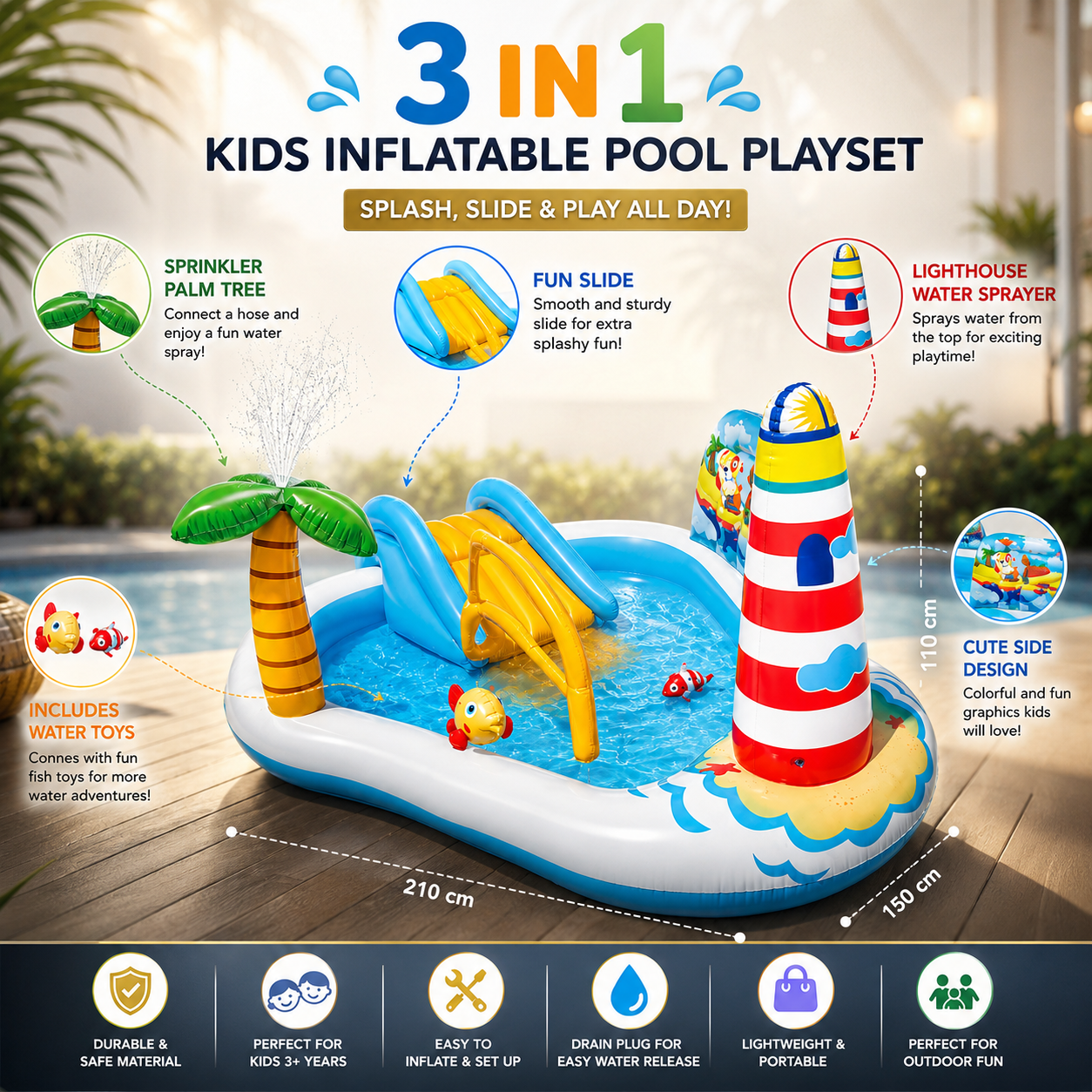 INTEX Lighthouse Inflatable Kids Water Play Center with Slide & Sprinkler Palm Tree