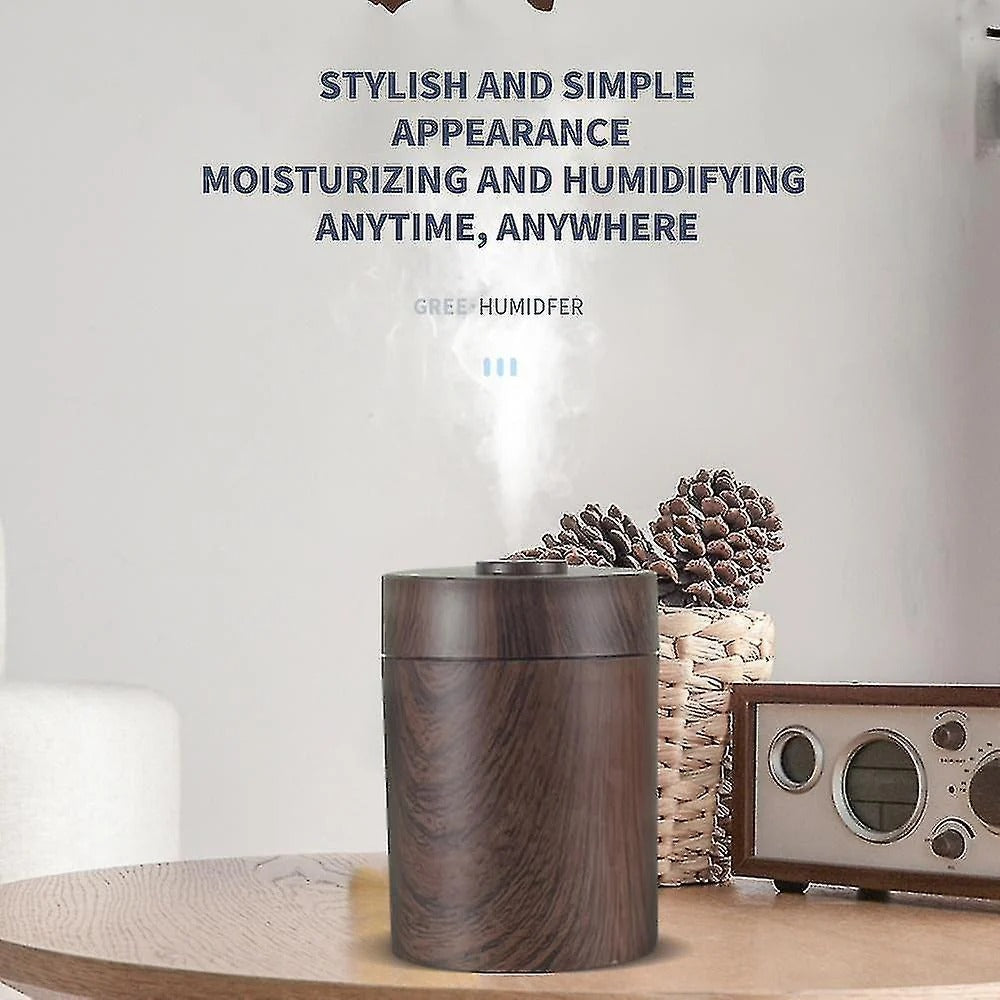 Dark wood USB humidifier producing mist