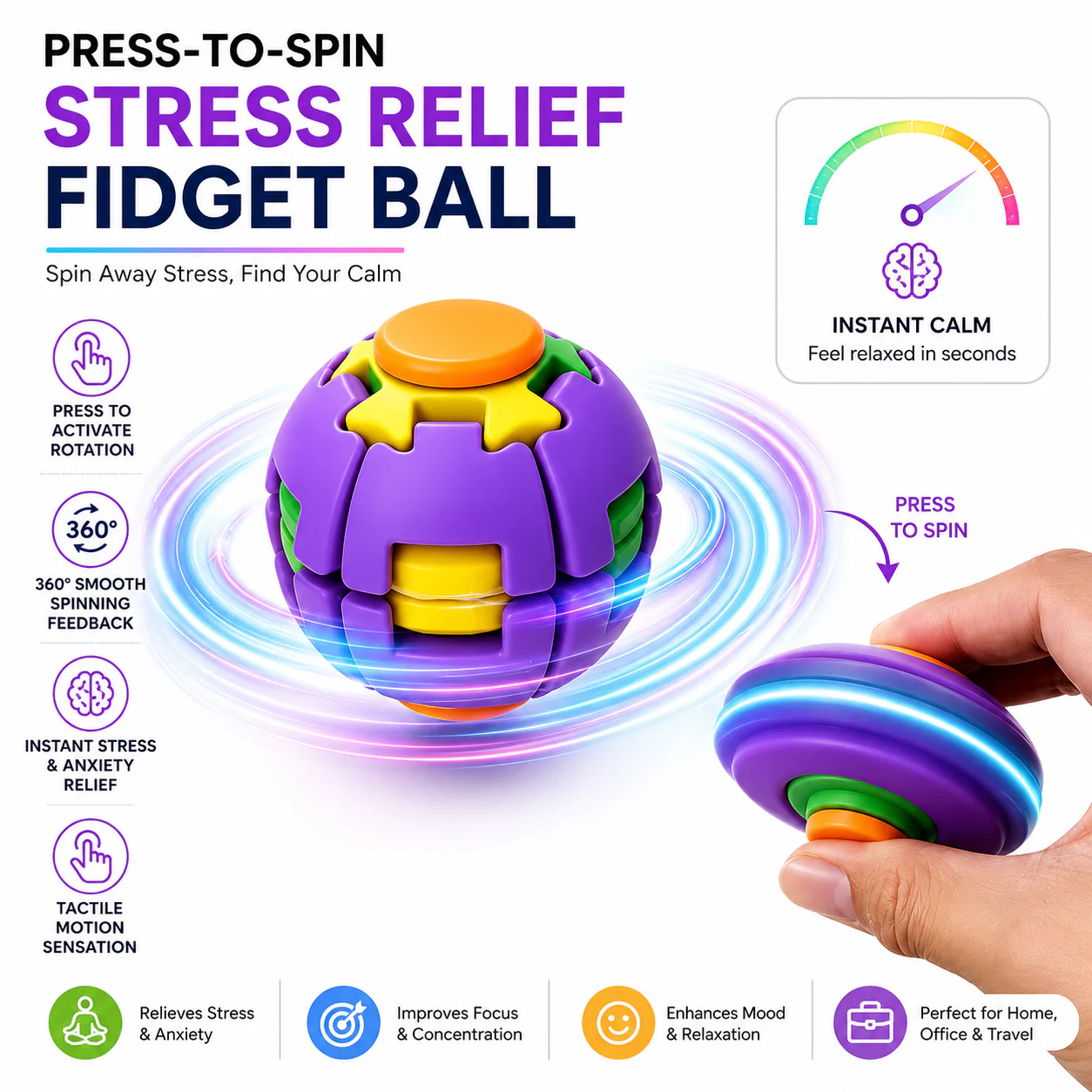 Press-to-Spin Fidget Ball – Assorted Colors