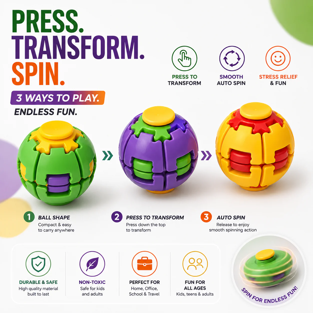 Press-to-Spin Fidget Ball – Assorted Colors