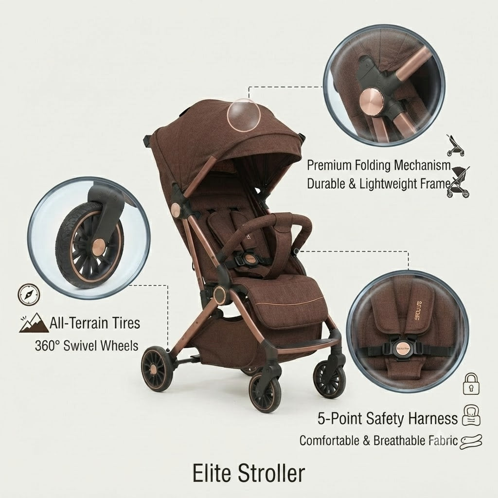 Kaedyn Premium Foldable Baby Stroller - Brown folded and detail view