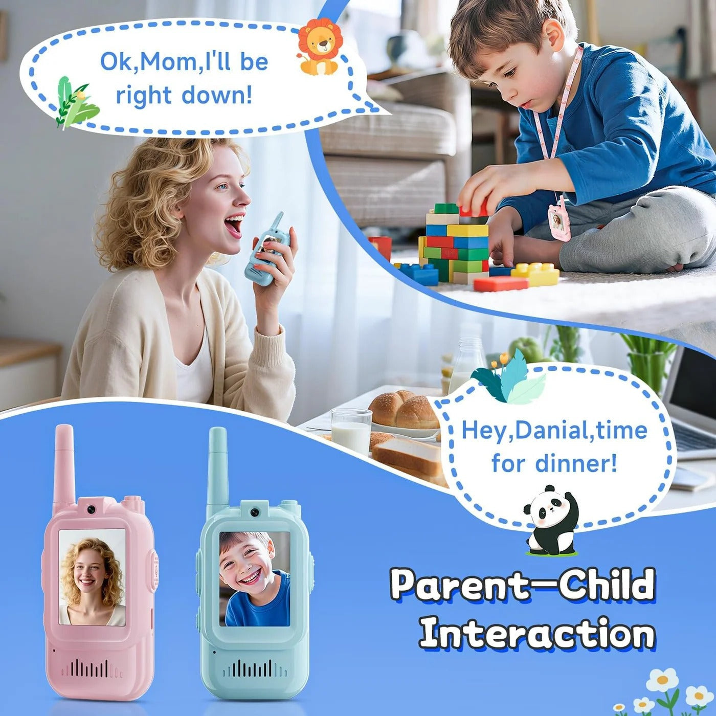 Parent and child communicating with video walkie talkies