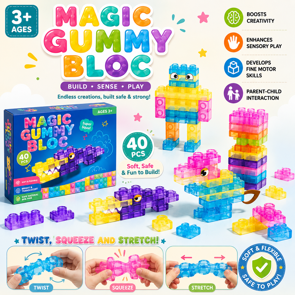 Magic Jelly Blocks 40 piece soft sensory building toy for kids