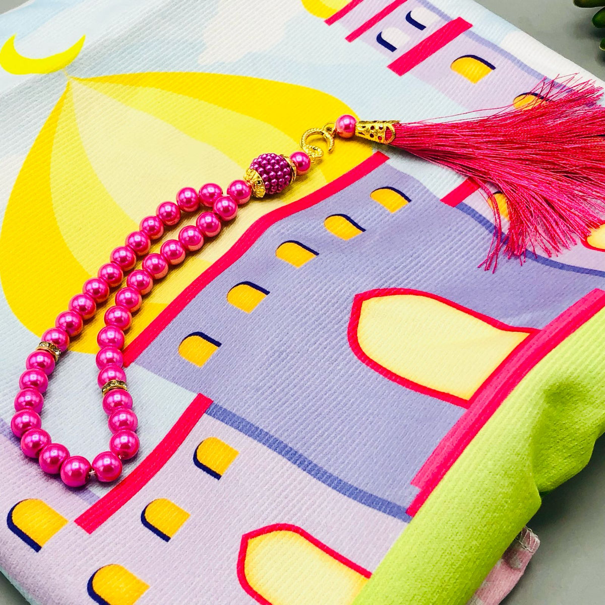 Kids Prayer Rug Mat With Prayer Beads Pink 3