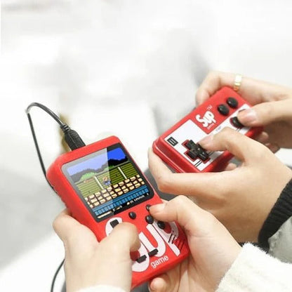 Two players using SUP retro handheld console